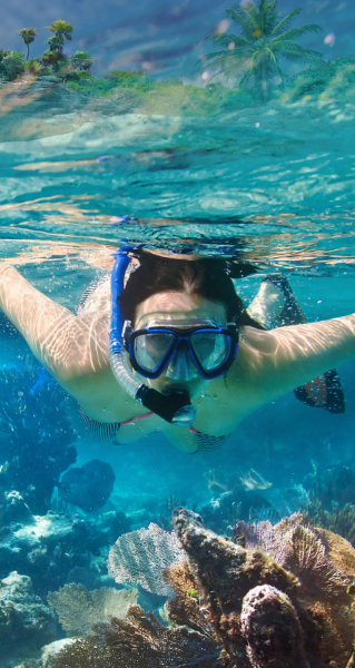 Mujer que bucea con snorkel en las playas de Isla La Roqueta